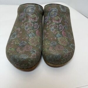 Sanita Floral Leather Clogs Women EU 41‎ US 10.5-11 Green Pink Wood Sole Poland